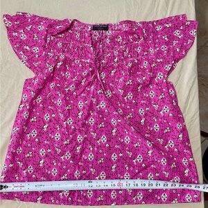 Lane Bryant Pink Floral Blouse with Tie Neck and Flutter Sleeves, Plus Size 14